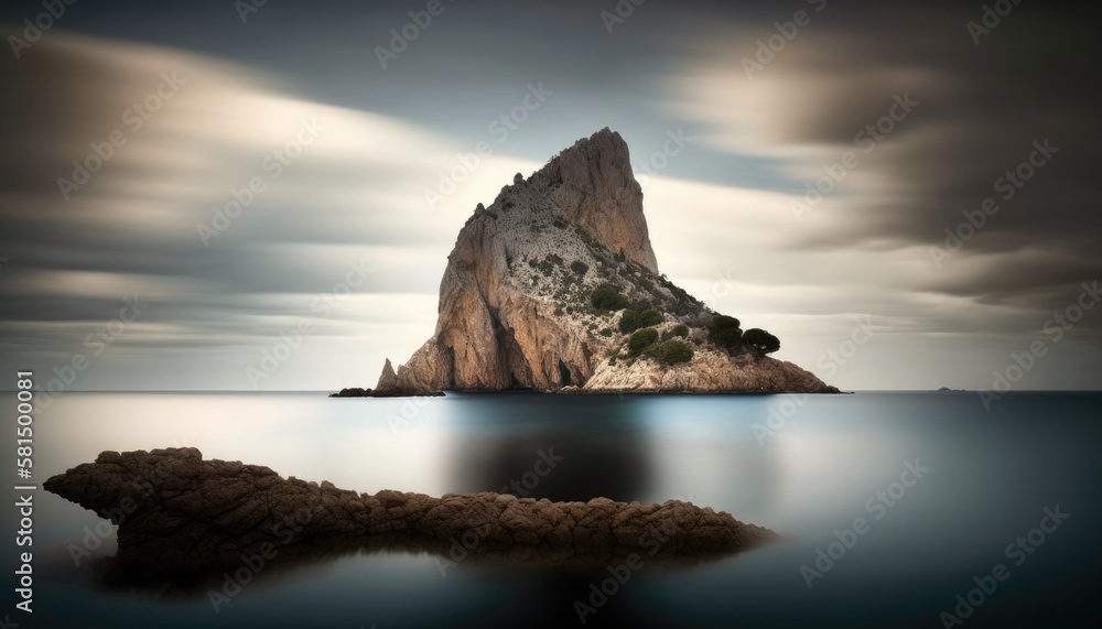 Es Vedrá rock, Ibiza. Journey through incredibly beautiful Spain. Generative AI