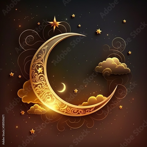 Ramadan Kareem background with crescent, stars and clouds, Generative ai