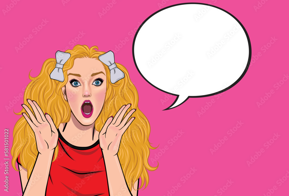 Beautiful woman with surprised glasses and finger pointing, advertising poster or speech bubble with sexy club girl opening her mouth in cartoon style. Facial expression. illustration