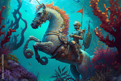 underwater fantasy | A noble knight riding a seahorse through a colorful coral reef. the beauty of the reef. light setting creates a magical atmosphere with sunlight filtering through the water. Ai