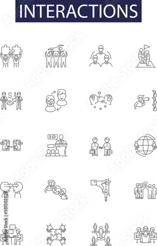 Interactions line vector icons and signs. Exchange, Impact, Interplay, Connections, Engagement, Response, Negotiation, Cooperation outline vector illustration set