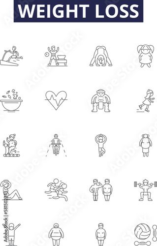 Weight loss line vector icons and signs. Slimming, Dieting, Fasting, Shedding, Trimming, Weighing, Shrinking, Burning outline vector illustration set