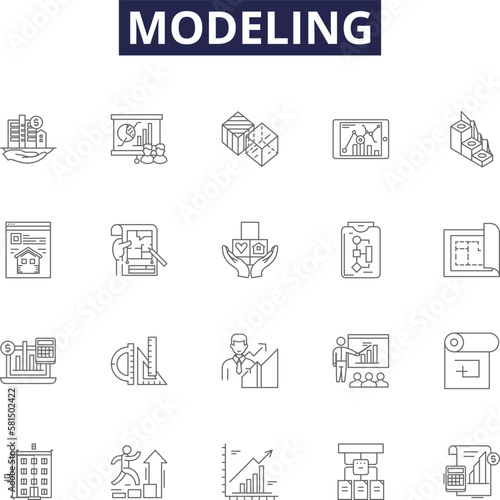 Modeling line vector icons and signs. Modeling, Simulation, Constructing, Shaping, Synthesizing, Representing, Rendering, Mapping outline vector illustration set