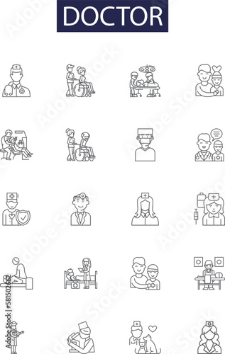 Doctor line vector icons and signs. Surgeon, Practitioner, Consultant, Specialist, Specialist, Medic, Clinician, Healer outline vector illustration set