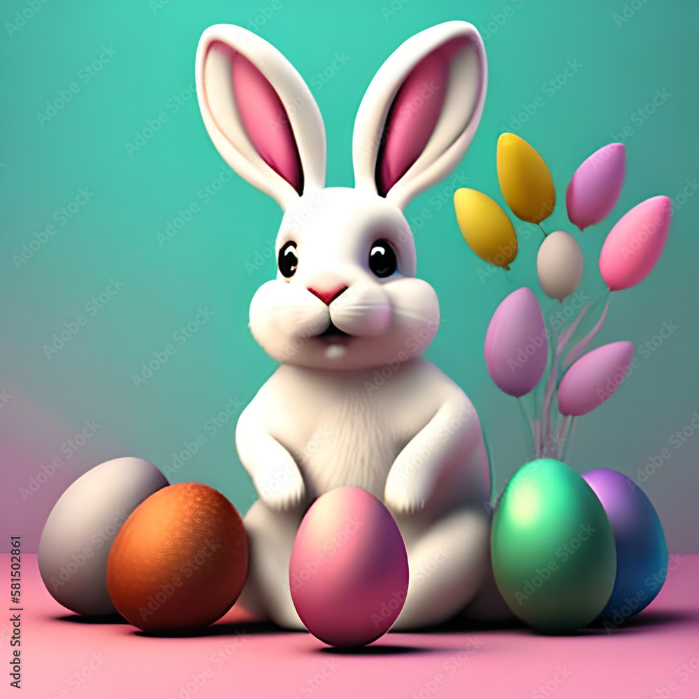 Fototapeta premium little white rabbit with colorful easter eggs