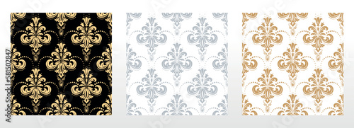 Wallpapers in the style of Baroque. Seamless vector backgrounds. Set of colored floral ornaments. Graphic patterns for fabric, wallpaper, packaging. Ornate Damask flower ornaments