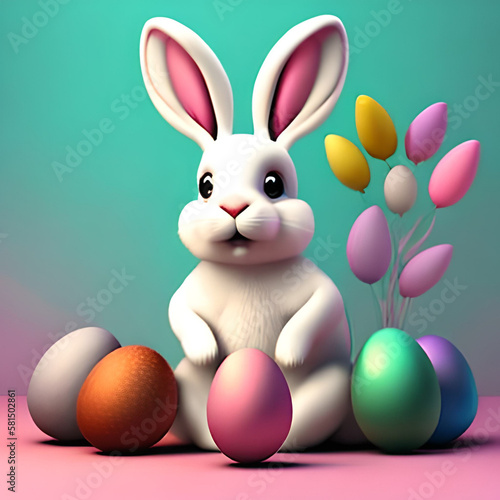 little white rabbit with colorful easter eggs