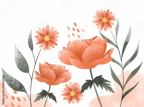 Konstfotografi Fondo de flores margaritas con efecto acuarela y hojas decorativas