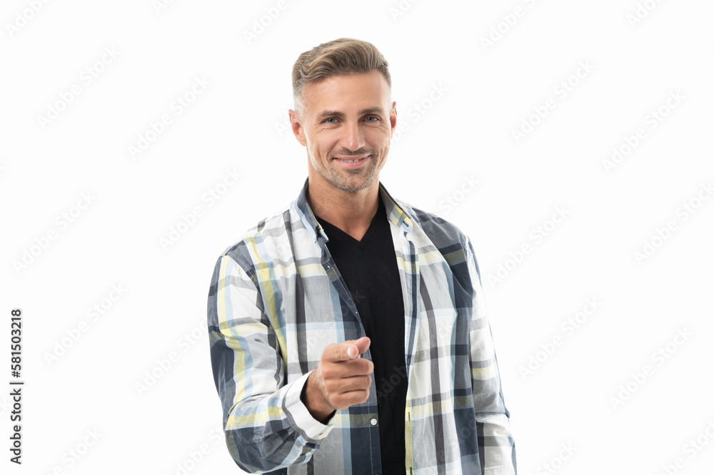 mature man wearing checkered shirt and point finger. photo of mature man with grizzled hair. mature man wearing checkered shirt and point finger. photo of mature man with grizzled hair.