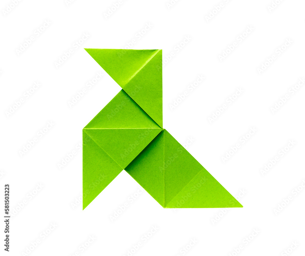 Green paper hen origami isolated on a white background Green paper hen origami isolated on a white background