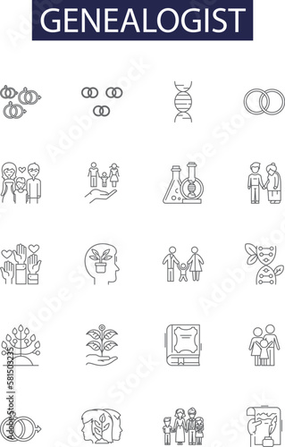 Genealogist line vector icons and signs. Ancestry, Heritage, Tracing, Kin, Lineage, Heirloom, Descent, Pedigree outline vector illustration set