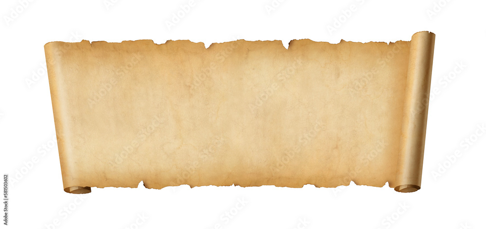 Fototapeta premium Old paper horizontal banner. Parchment scroll isolated on white