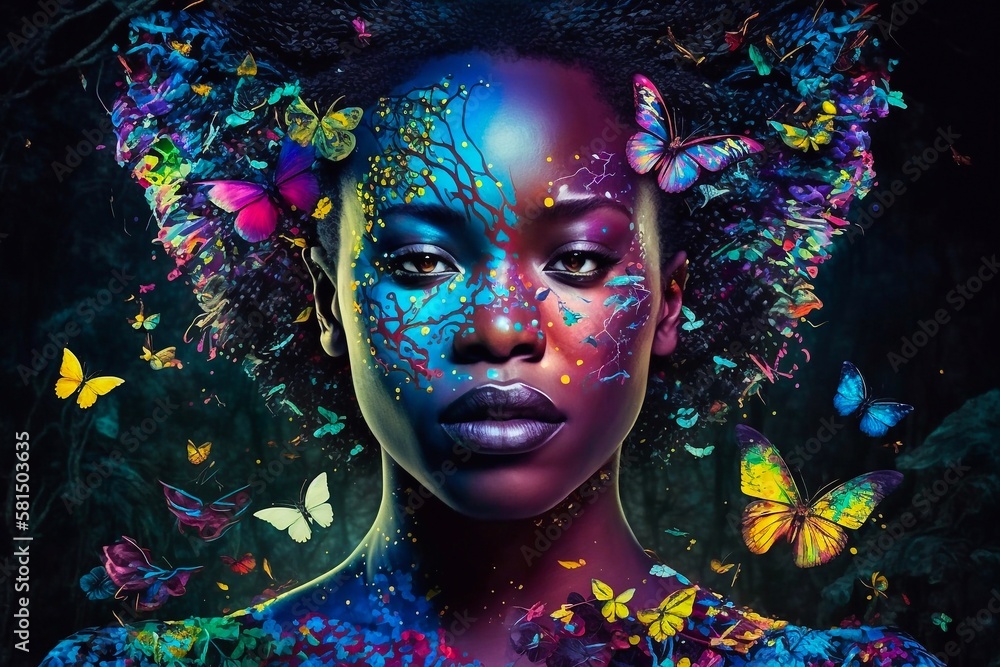 Close up of cheerful young black woman with colorful makeup. Generative AI