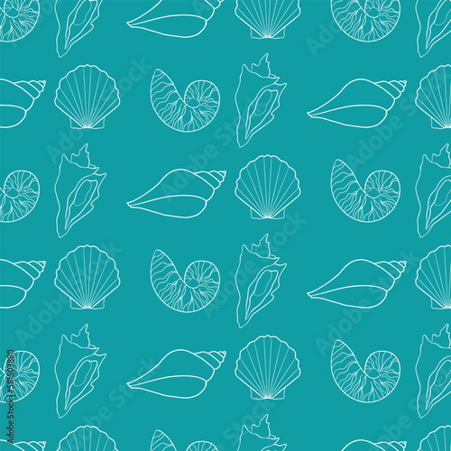Pattern of seashells. Vector, print, textile, wrapping paper, background.