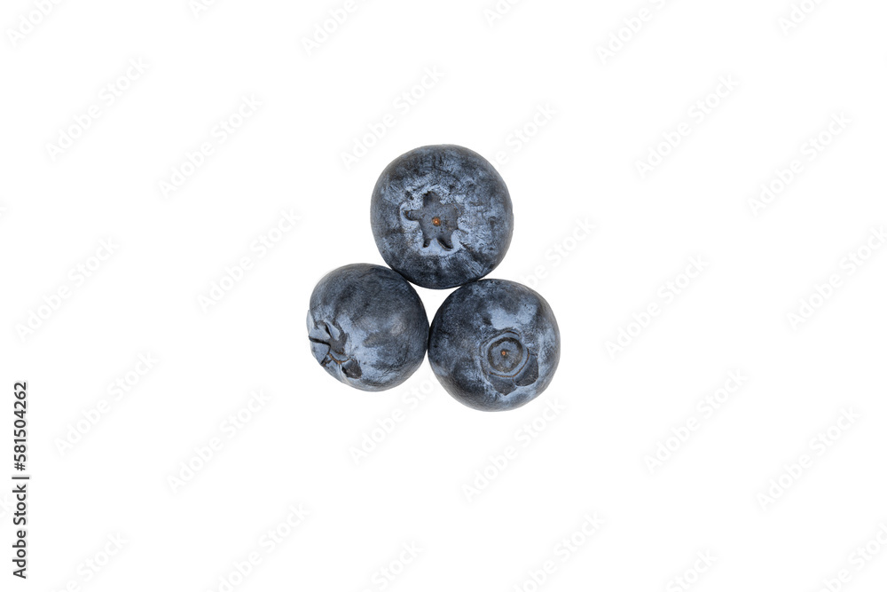 looking straight down on a grouping of three blueberries