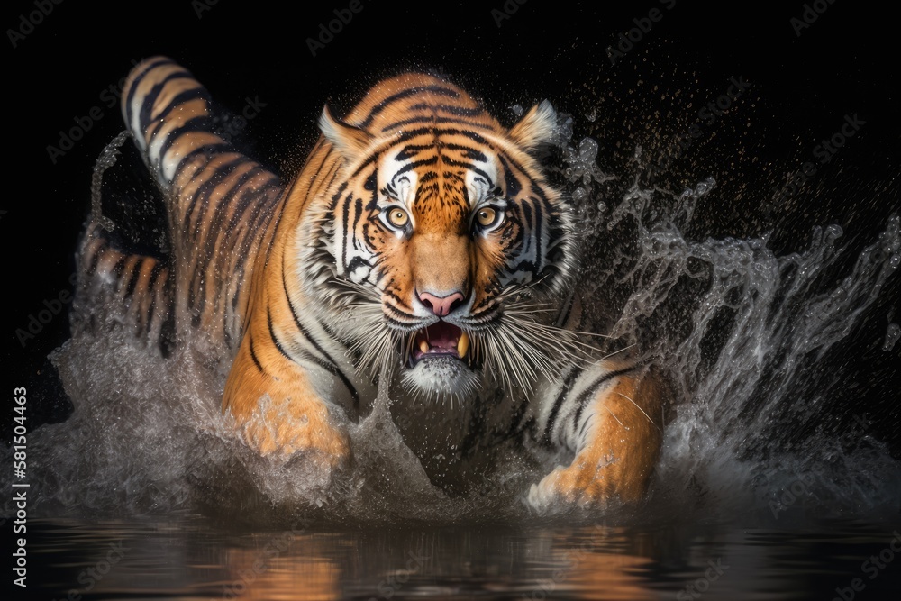 Siberian tiger, Panthera tigris altaica, racing in the water right at the camera while being photographed from a low angle with water splashing. predator in attack mode. Generative AI