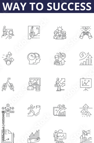 Way to success line vector icons and signs. Accomplish, Advance, Ascend, Attain, Climb, Conquer, Destination, Journey outline vector illustration set