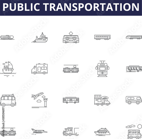 Public transportation line vector icons and signs. Buses, Trains, Subway, Metro, Buslines, Railroads, Streetcars, Ferries outline vector illustration set photo
