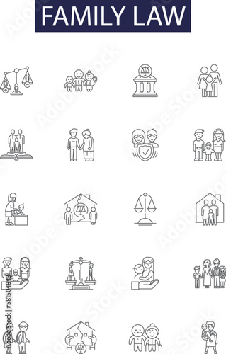 Family law line vector icons and signs. law, legal, people, lawyer, concept, background, gavel,justice outline vector illustration set