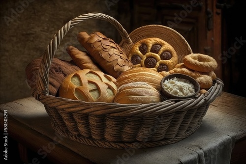 Old Spanish village bakery's bread basket. Generative AI