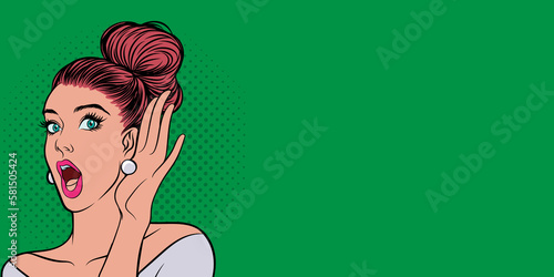 Pop art beautiful girl shocked and hears something  discount or discounts when shopping in vintage comic style. on a green background