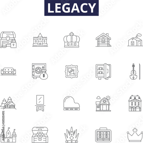 Legacy line vector icons and signs. Inheritance, Tradition, Bequest, Lineage, Fortune, Patrimony, Endowment, Progeny outline vector illustration set