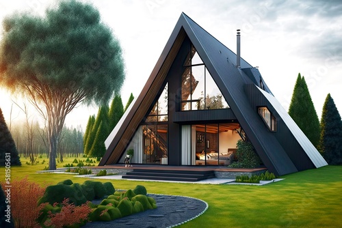 beaful modern house with triangle roof with flat paths and lawns, created with generative ai photo