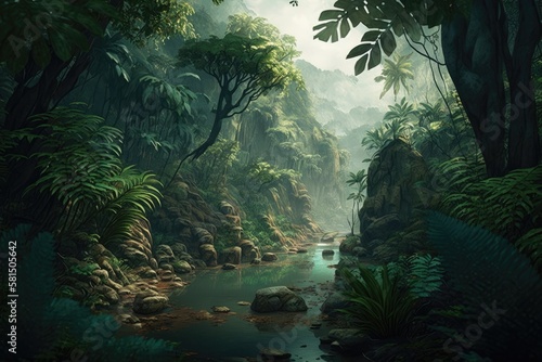 An example of a landscape that incorporates the idea of a tropical forest. Generative AI