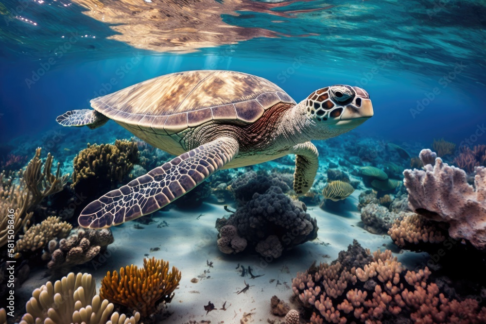 Fototapeta premium Eretmochelys imbricata, the hawksbill turtle, floats in the water. Indian Ocean coral reef in the Maldives. Generative AI