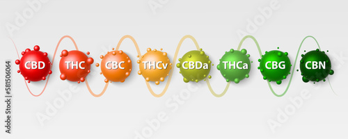 Cannabinoid Guide infographic chart. show main compound cannabinoid from cannabis, hemp, marijuana or marihuana leaves bubble frame. initials,cbd,thc,thca,cbg,cbn,cbc,thcv,cbda.
