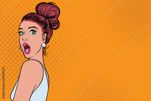 Pop art beautiful girl shocked with discount or discount when shopping in vintage comic style.