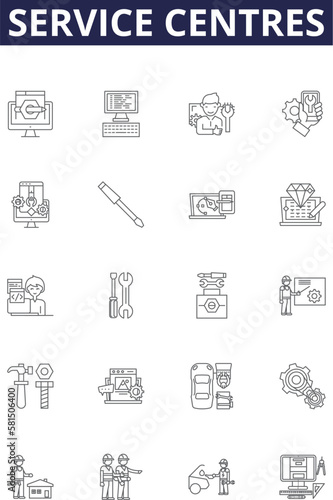 Service centres line vector icons and signs. Centres, Help, Desks, Support, Operations, Centers, Counters, Stations outline vector illustration set photo