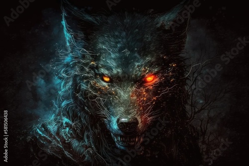 Dark background and sparkling eyes of a werewolf. electronic painting. Generative AI photo