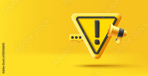 Important announcement 3d render soft shaped triangle, yellow with black lines, exclamation mark and message with megaphone
