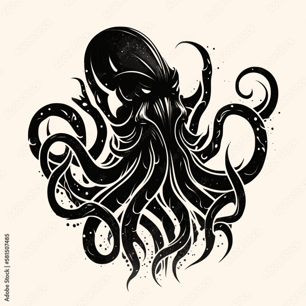 Obraz premium Black and White Cthulhu,Kraken Silhouette Ornament Vector Art for Logo and Icon