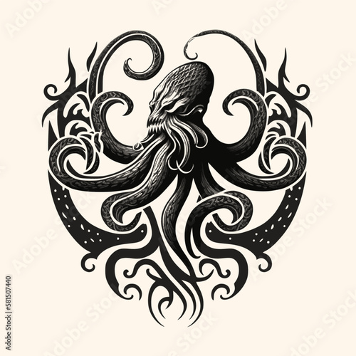 Black and White Cthulhu,Kraken Silhouette Ornament Vector Art for Logo and Icon © Nazar
