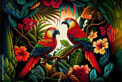 Pattern of tropical leaves in bright and rich colors. Parrots among the leaves. © serperm73