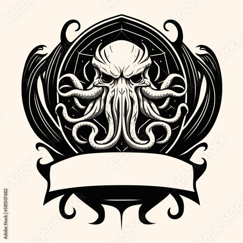 Konstfotografi Black and White Cthulhu,Kraken Silhouette Ornament Vector Art for Logo and Icon