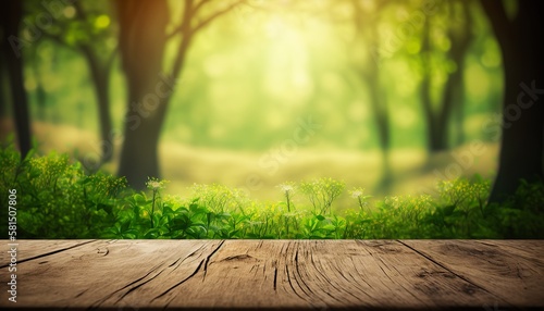 Wooden table and spring forest background  generative ai