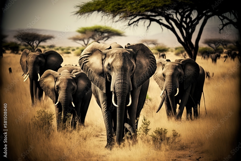 Herd of Elephants in Africa walking through the grass in Tarangire National Park, Tanzania, AI generated