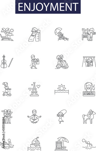 Enjoyment line vector icons and signs. Joy, Pleasure, Gratification, Revelry, Festivity, Rapture, Amusement, Bliss outline vector illustration set