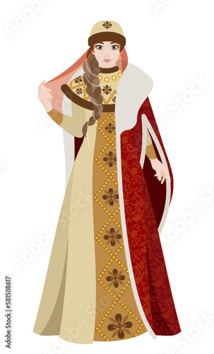 A Russian lady in a winter dress with fur and an embroidered red caftan. Retro fashion. Historical costume.