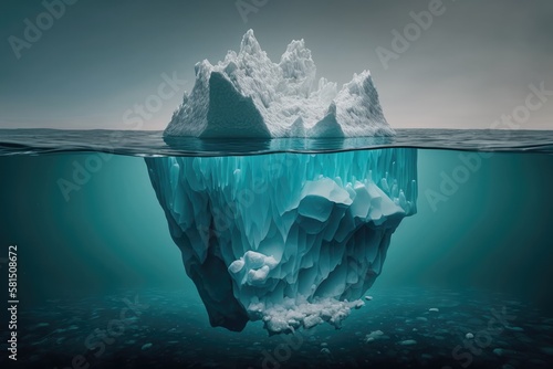Amazing white iceberg floats in the ocean with a view underwater. Hidden Danger and Global Warming Concept. Tip of the iceberg. Half underwater. Generative ai. 