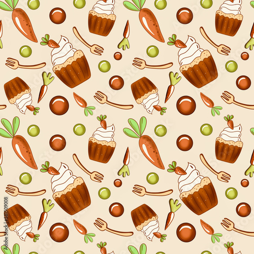 Food Carrot cupcake seamless background. Tasty pattern with cupcake, forks, carrots. Easter cupcake background. Print for fabric, paper, vector, hand drawn