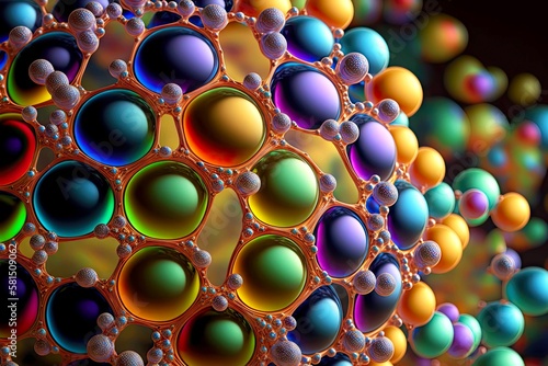 beaful iridescent multicolored molecule closeup with round structure, created with generative ai photo