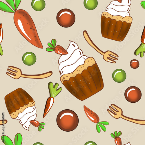 Food Carrot cupcake seamless background. Tasty pattern with cupcake, forks, carrots. Easter cupcake background. Print for fabric, paper, vector, hand drawn