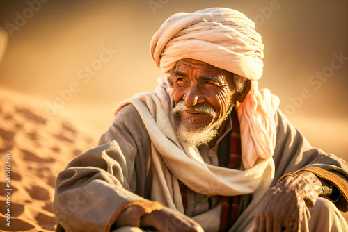 Portrait of a smiling Bedouin man in the desert. Created with Generative AI technology. photo