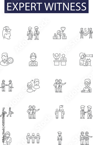 Expert witness line vector icons and signs. Witness, Testimony, Litigation, Evidence, Arbitration, Courtroom, Lawyer, Judge outline vector illustration set