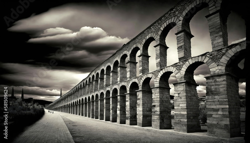 Segovia Aqueduct. Journey through incredibly beautiful Spain. Generative AI photo