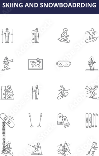 Skiing and snowboadrding line vector icons and signs. Snowboarding, Slalom, Moguls, Freestyle, Alpine, Racing, Glade, Jumping outline vector illustration set